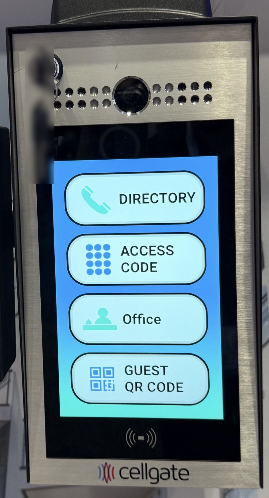 CellGate touchscreen entry panel with directory, access code and guest QR code options, installed by RBD Security