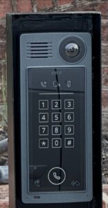 Axis video intercom on a custom welded steel post, installed by RBD Security