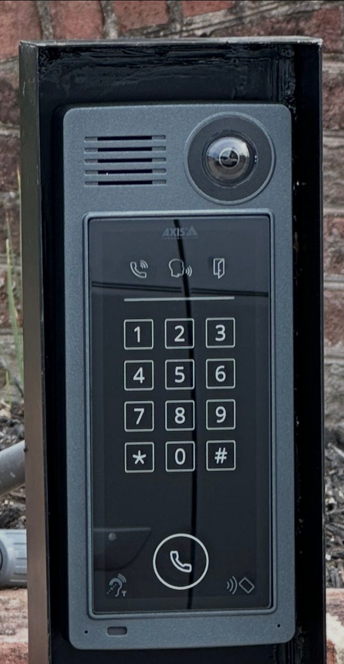 Axis video intercom on a custom welded steel post, installed by RBD Security